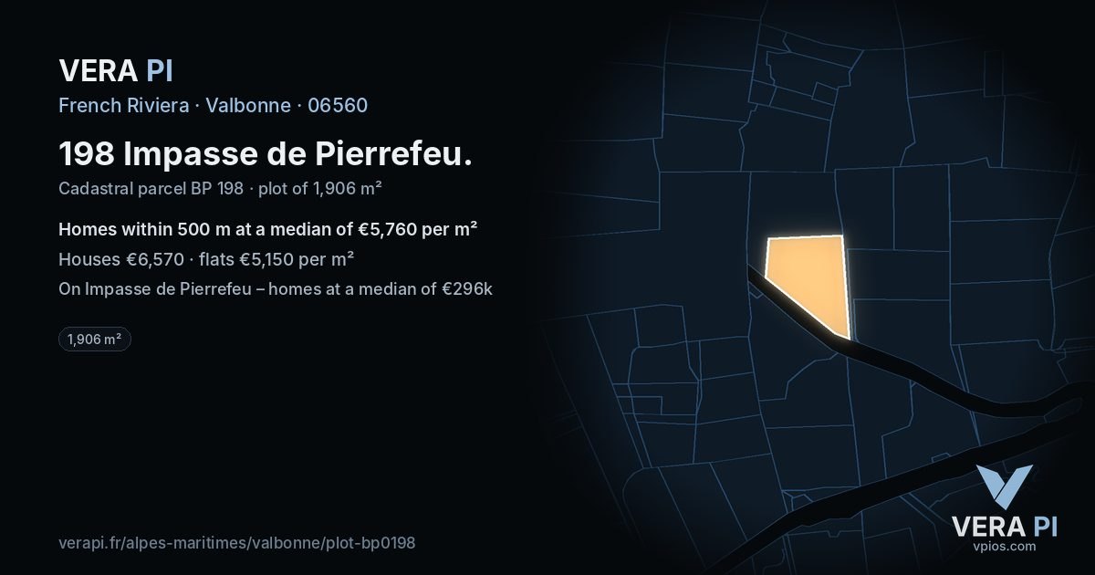 198 Impasse de Pierrefeu, Valbonne at night – the plot lit, the parcels around coloured by the prices near them