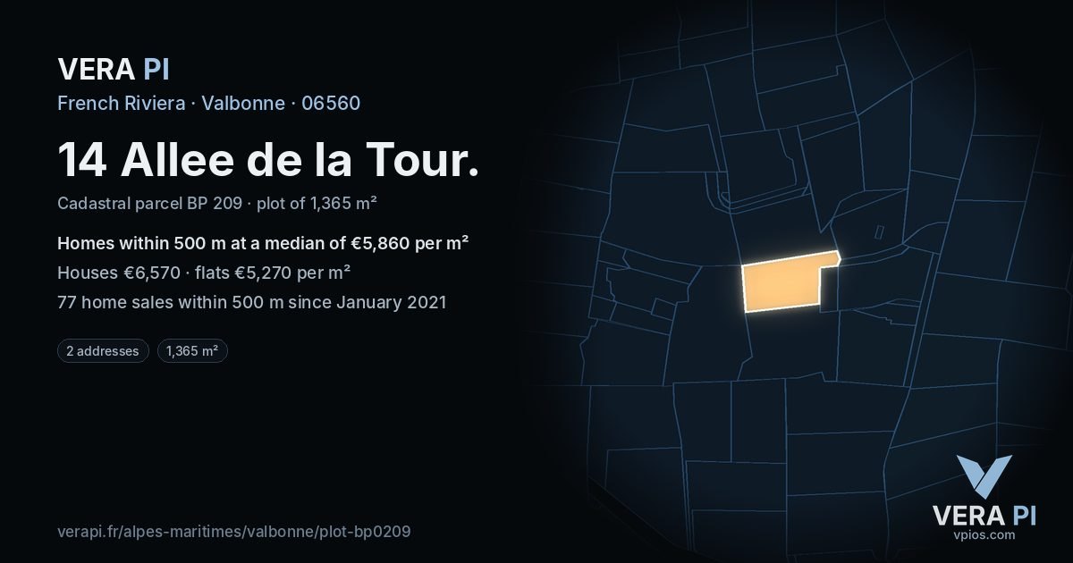 14 Allee de la Tour, Valbonne at night – the plot lit, the parcels around coloured by the prices near them