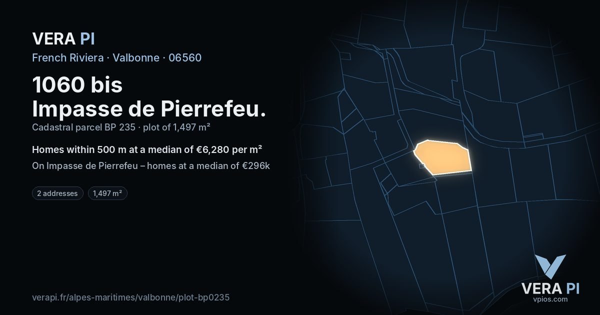1060 bis Impasse de Pierrefeu, Valbonne at night – the plot lit, the parcels around coloured by the prices near them