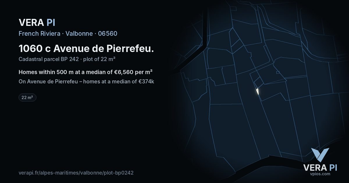 1060 c Avenue de Pierrefeu, Valbonne at night – the plot lit, the parcels around coloured by the prices near them