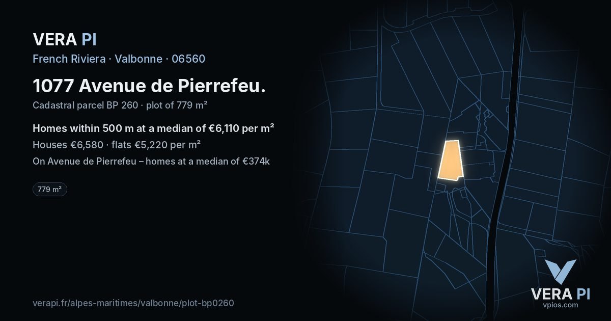 1077 Avenue de Pierrefeu, Valbonne at night – the plot lit, the parcels around coloured by the prices near them