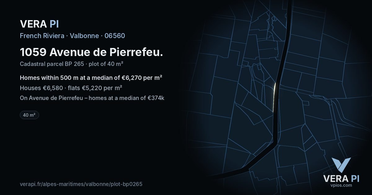 1059 Avenue de Pierrefeu, Valbonne at night – the plot lit, the parcels around coloured by the prices near them