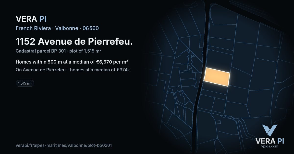 1152 Avenue de Pierrefeu, Valbonne at night – the plot lit, the parcels around coloured by the prices near them