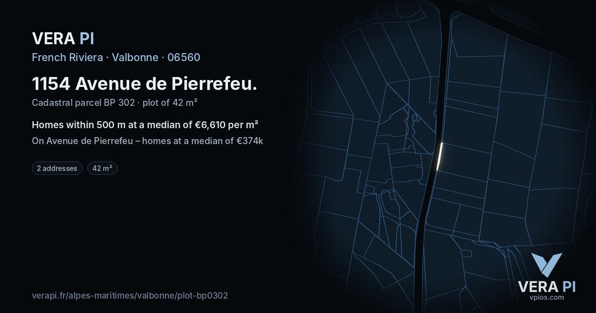 1154 Avenue de Pierrefeu, Valbonne at night – the plot lit, the parcels around coloured by the prices near them
