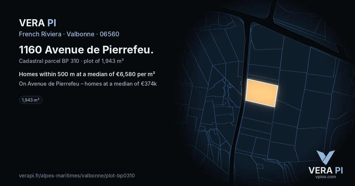 1160 Avenue de Pierrefeu, Valbonne at night – the plot lit, the parcels around coloured by the prices near them