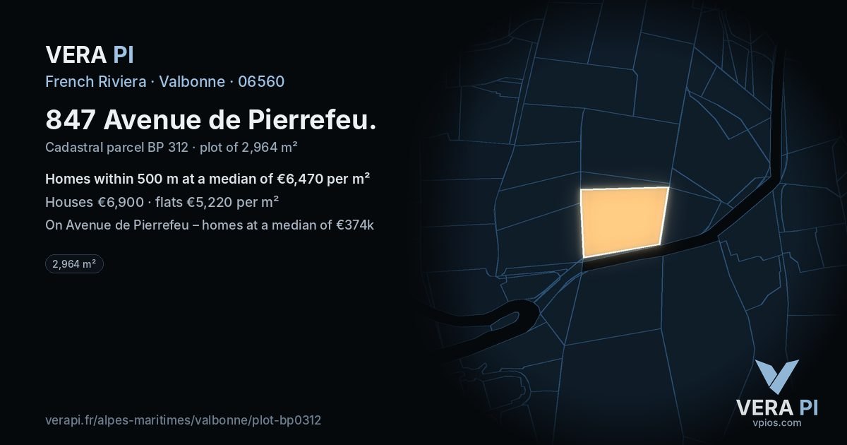 847 Avenue de Pierrefeu, Valbonne at night – the plot lit, the parcels around coloured by the prices near them