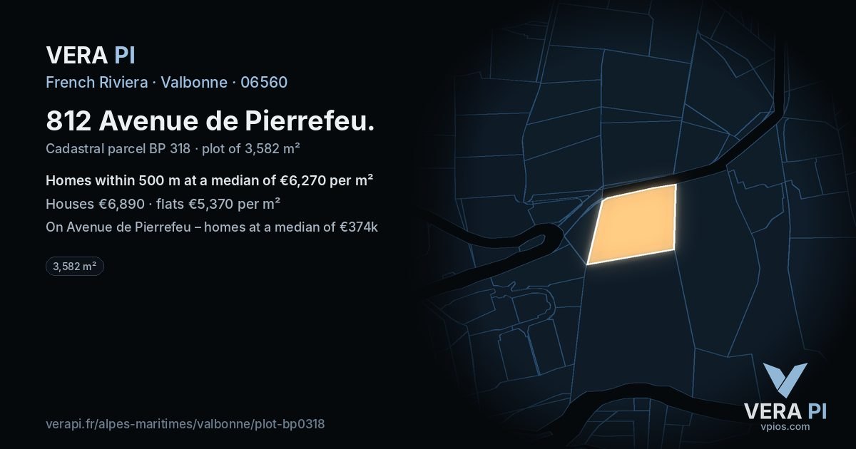 812 Avenue de Pierrefeu, Valbonne at night – the plot lit, the parcels around coloured by the prices near them