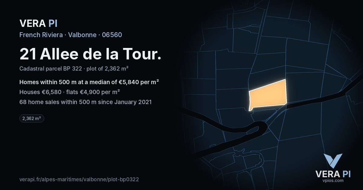 21 Allee de la Tour, Valbonne at night – the plot lit, the parcels around coloured by the prices near them