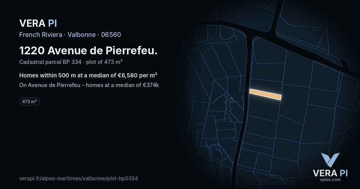 1220 Avenue de Pierrefeu, Valbonne at night – the plot lit, the parcels around coloured by the prices near them