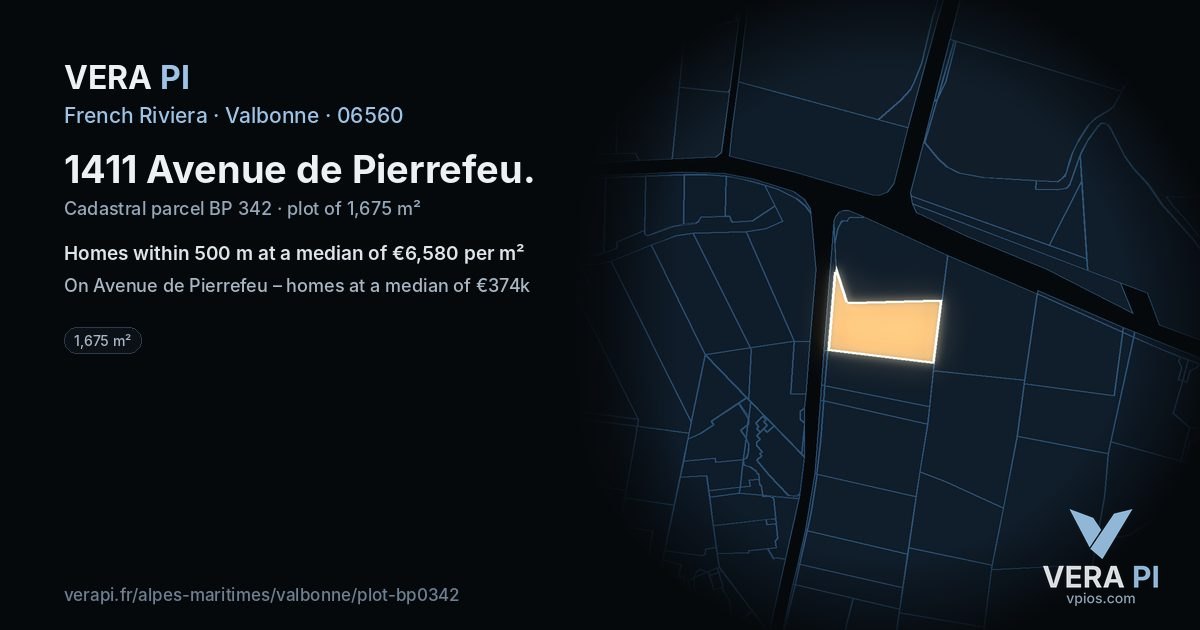1411 Avenue de Pierrefeu, Valbonne at night – the plot lit, the parcels around coloured by the prices near them