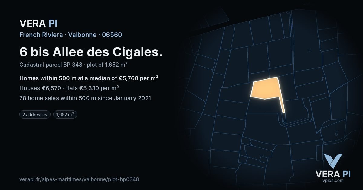 6 bis Allee des Cigales, Valbonne at night – the plot lit, the parcels around coloured by the prices near them
