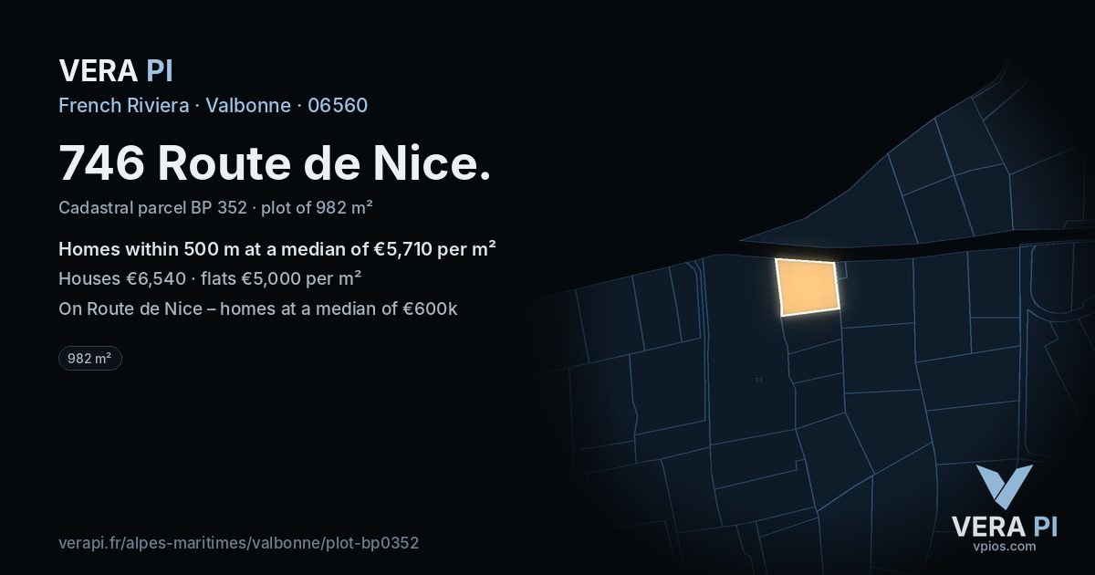 746 Route de Nice, Valbonne at night – the plot lit, the parcels around coloured by the prices near them