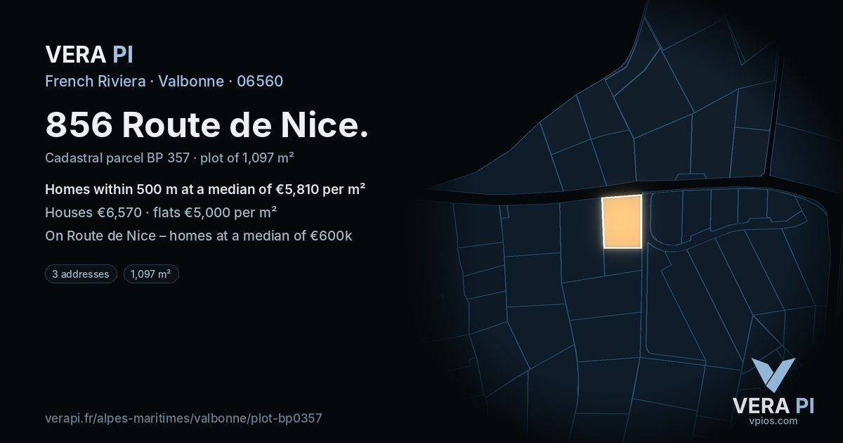 856 Route de Nice, Valbonne at night – the plot lit, the parcels around coloured by the prices near them