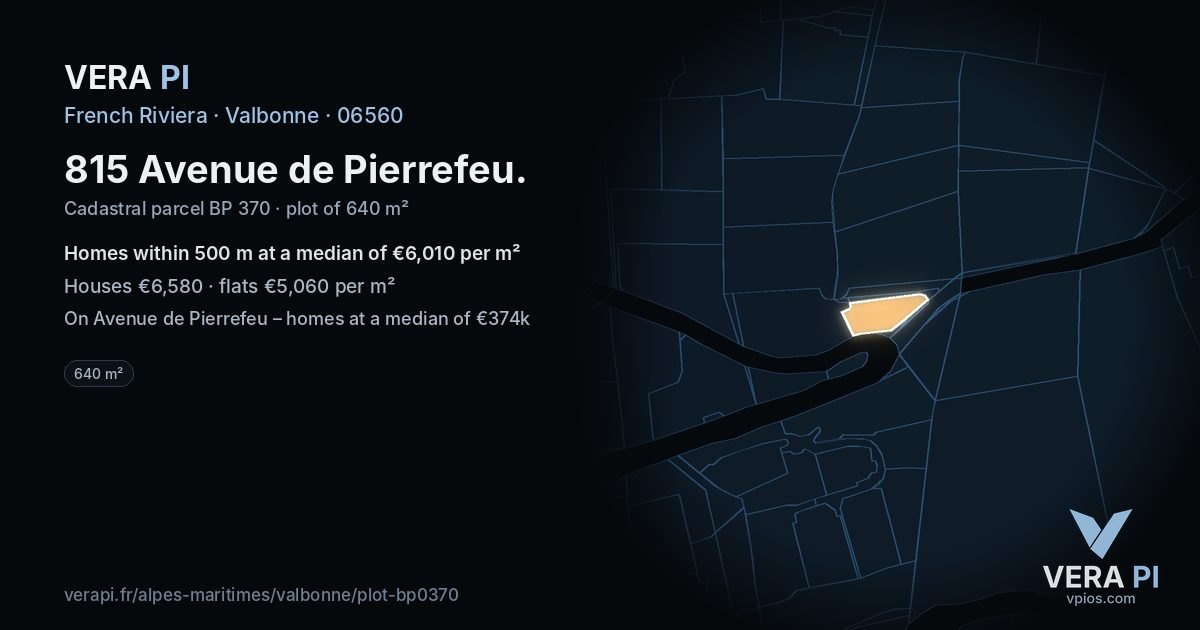 815 Avenue de Pierrefeu, Valbonne at night – the plot lit, the parcels around coloured by the prices near them