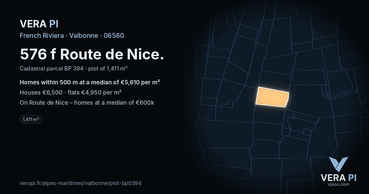 576 f Route de Nice, Valbonne at night – the plot lit, the parcels around coloured by the prices near them