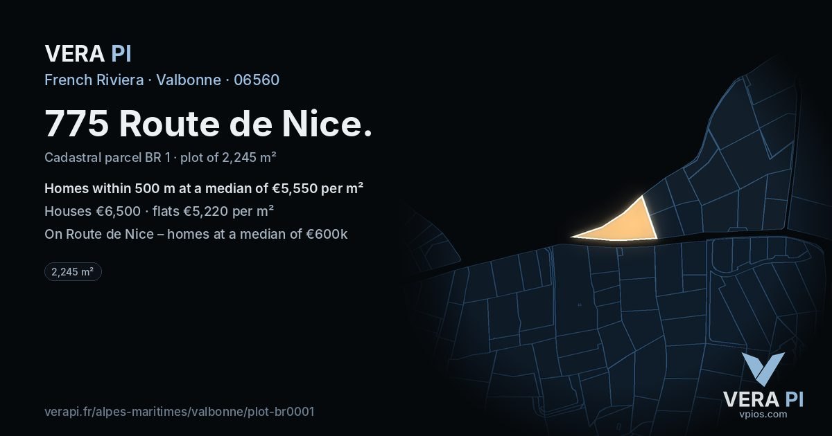 775 Route de Nice, Valbonne at night – the plot lit, the parcels around coloured by the prices near them