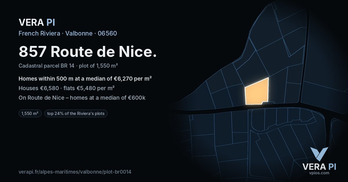 857 Route de Nice, Valbonne at night – the plot lit, the parcels around coloured by the prices near them