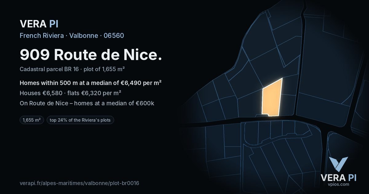 909 Route de Nice, Valbonne at night – the plot lit, the parcels around coloured by the prices near them