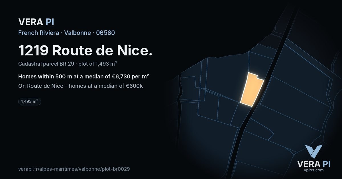1219 Route de Nice, Valbonne at night – the plot lit, the parcels around coloured by the prices near them
