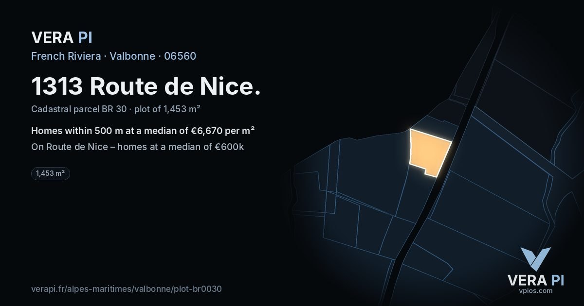 1313 Route de Nice, Valbonne at night – the plot lit, the parcels around coloured by the prices near them
