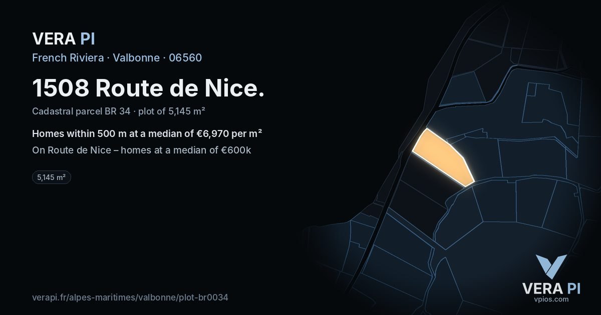 1508 Route de Nice, Valbonne at night – the plot lit, the parcels around coloured by the prices near them