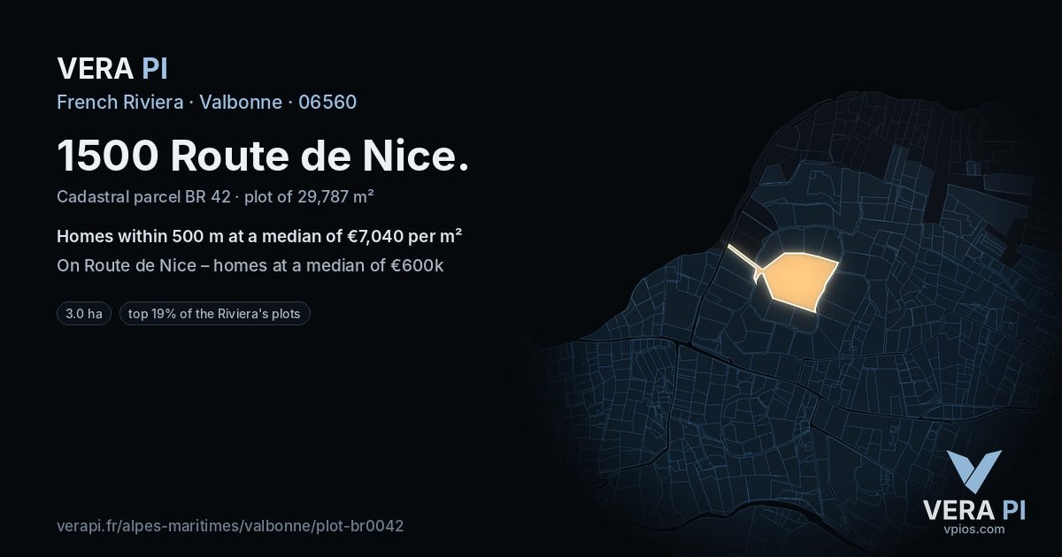 1500 Route de Nice, Valbonne at night – the plot lit, the parcels around coloured by the prices near them