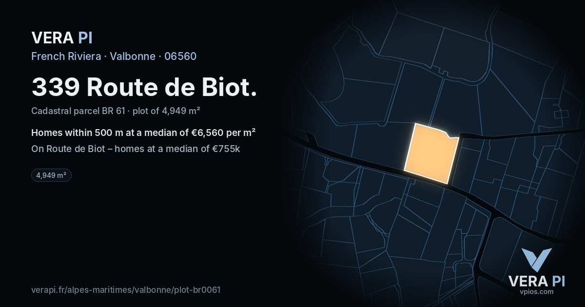 339 Route de Biot, Valbonne at night – the plot lit, the parcels around coloured by the prices near them