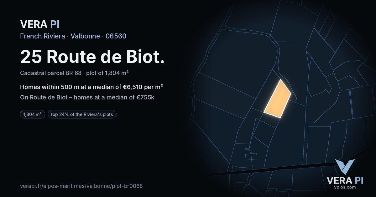25 Route de Biot, Valbonne at night – the plot lit, the parcels around coloured by the prices near them
