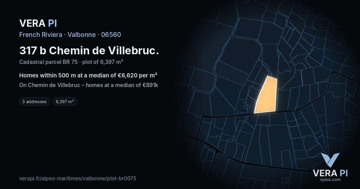 317 b Chemin de Villebruc, Valbonne at night – the plot lit, the parcels around coloured by the prices near them
