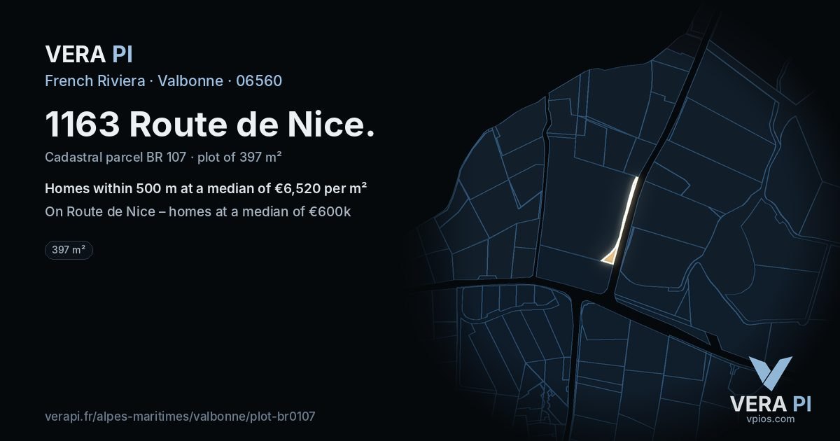 1163 Route de Nice, Valbonne at night – the plot lit, the parcels around coloured by the prices near them
