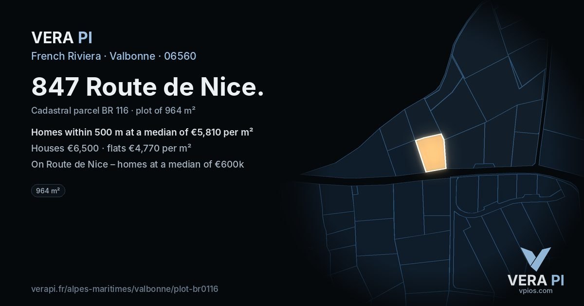 847 Route de Nice, Valbonne at night – the plot lit, the parcels around coloured by the prices near them