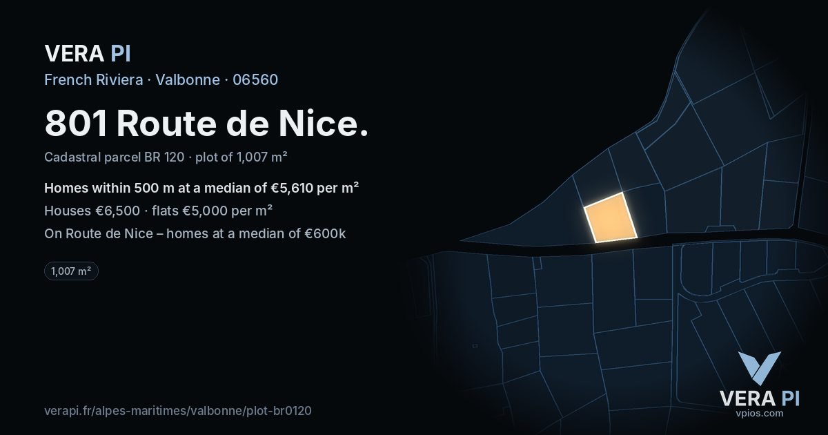 801 Route de Nice, Valbonne at night – the plot lit, the parcels around coloured by the prices near them