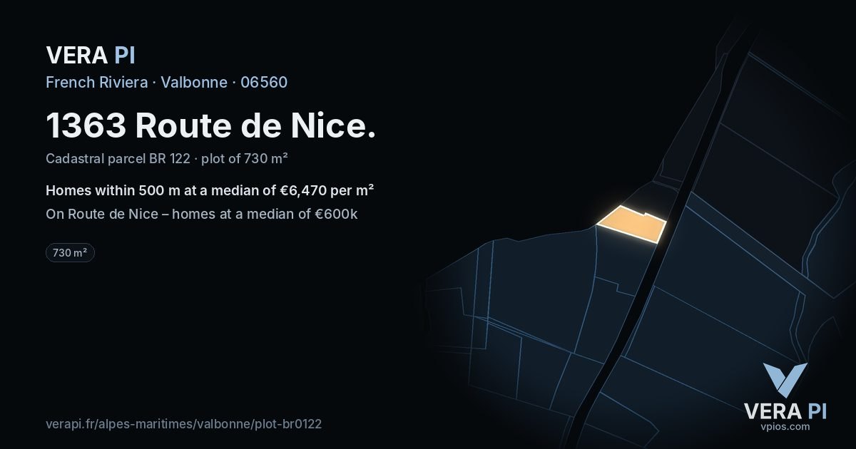 1363 Route de Nice, Valbonne at night – the plot lit, the parcels around coloured by the prices near them