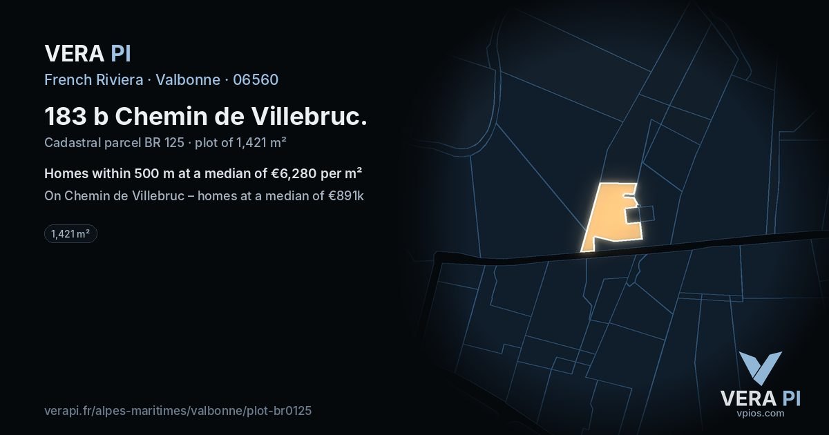 183 b Chemin de Villebruc, Valbonne at night – the plot lit, the parcels around coloured by the prices near them