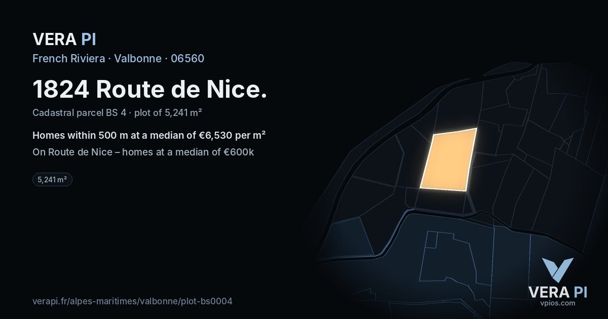 1824 Route de Nice, Valbonne at night – the plot lit, the parcels around coloured by the prices near them
