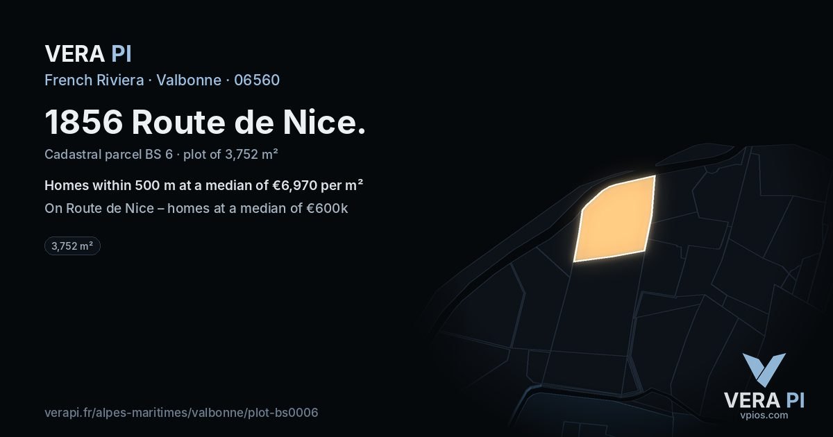 1856 Route de Nice, Valbonne at night – the plot lit, the parcels around coloured by the prices near them