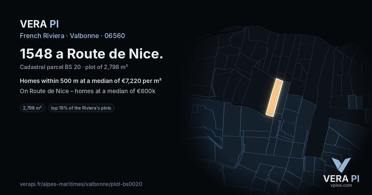 1548 a Route de Nice, Valbonne at night – the plot lit, the parcels around coloured by the prices near them