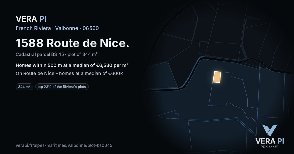 1588 Route de Nice, Valbonne at night – the plot lit, the parcels around coloured by the prices near them