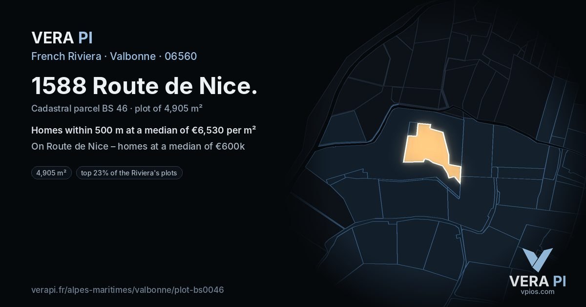 1588 Route de Nice, Valbonne at night – the plot lit, the parcels around coloured by the prices near them