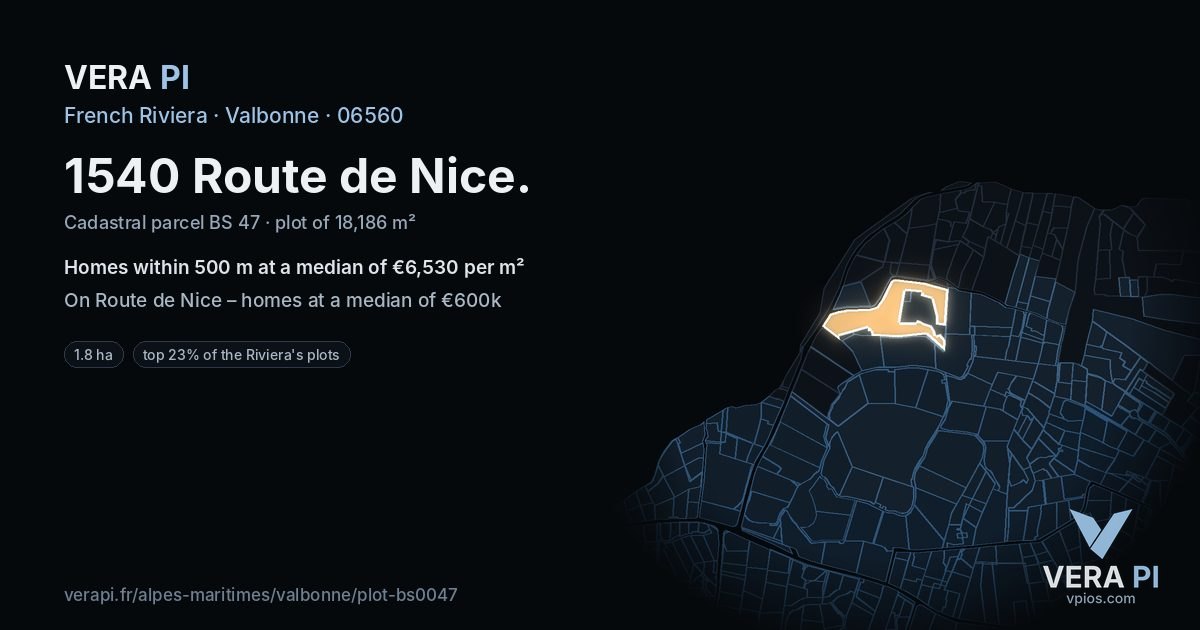 1540 Route de Nice, Valbonne at night – the plot lit, the parcels around coloured by the prices near them