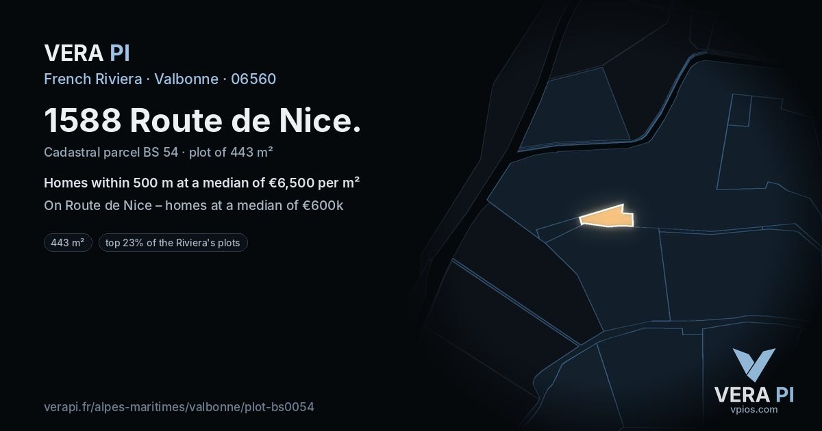 1588 Route de Nice, Valbonne at night – the plot lit, the parcels around coloured by the prices near them