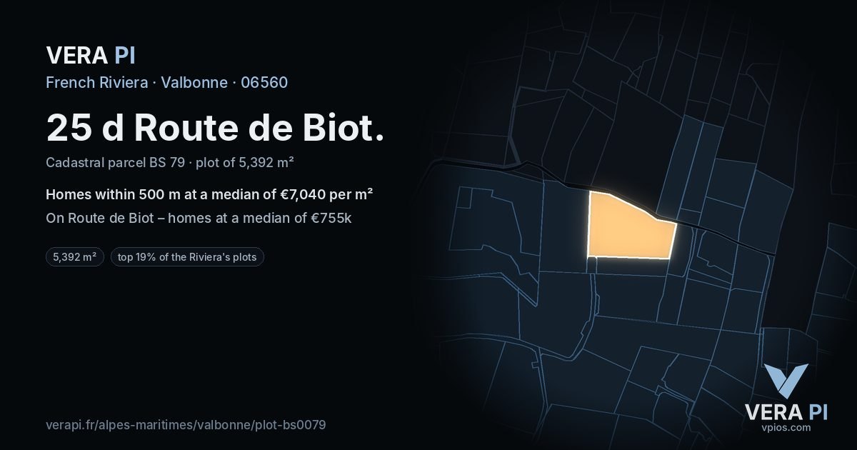 25 d Route de Biot, Valbonne at night – the plot lit, the parcels around coloured by the prices near them