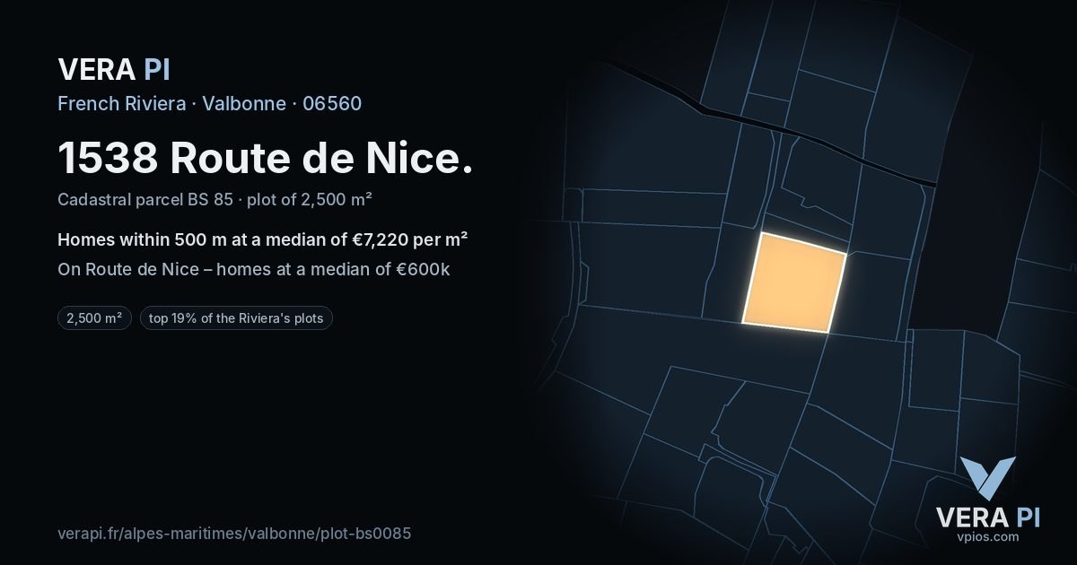 1538 Route de Nice, Valbonne at night – the plot lit, the parcels around coloured by the prices near them
