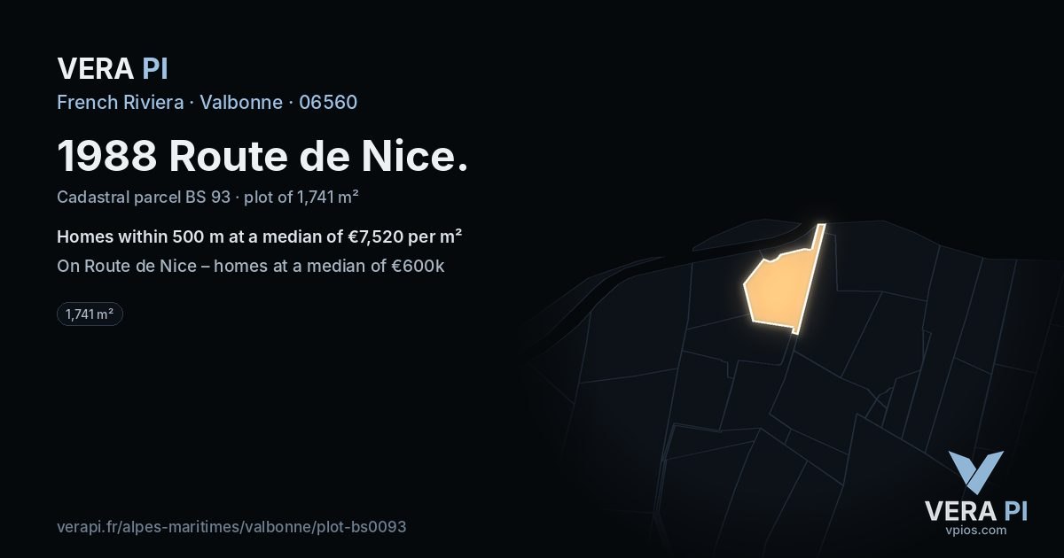 1988 Route de Nice, Valbonne at night – the plot lit, the parcels around coloured by the prices near them