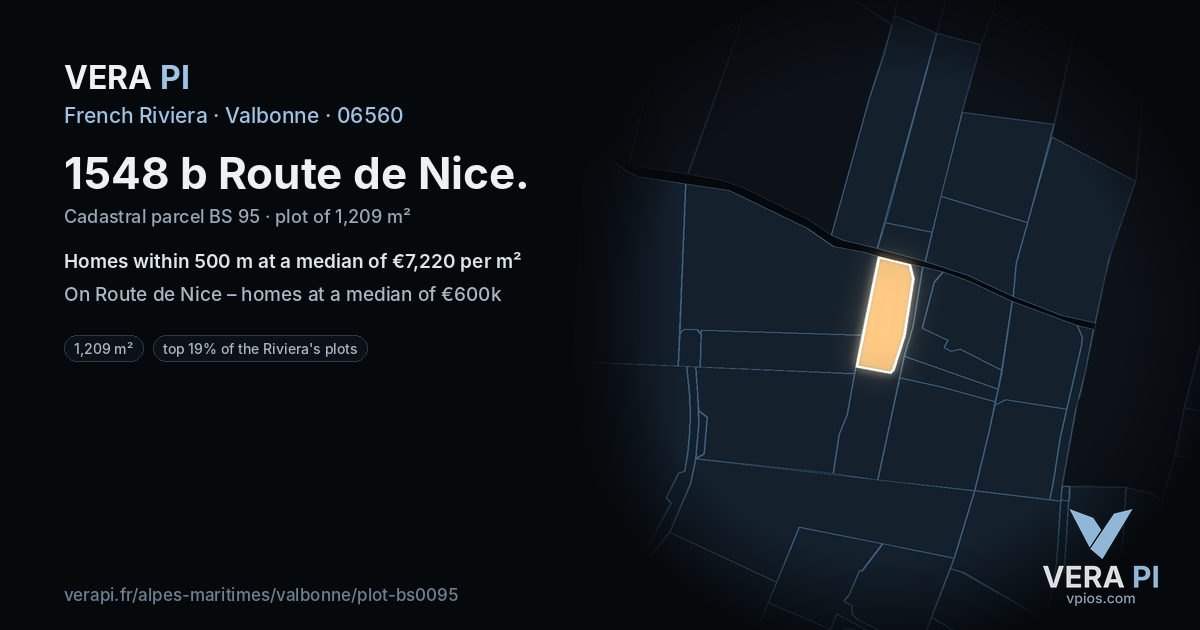 1548 b Route de Nice, Valbonne at night – the plot lit, the parcels around coloured by the prices near them