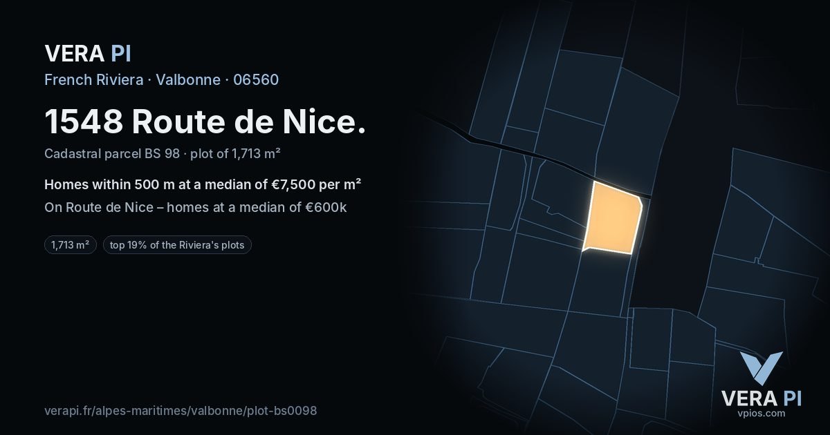 1548 Route de Nice, Valbonne at night – the plot lit, the parcels around coloured by the prices near them