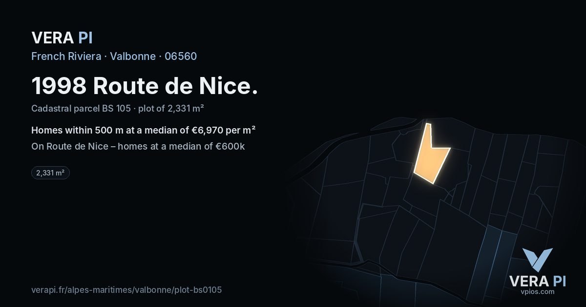 1998 Route de Nice, Valbonne at night – the plot lit, the parcels around coloured by the prices near them