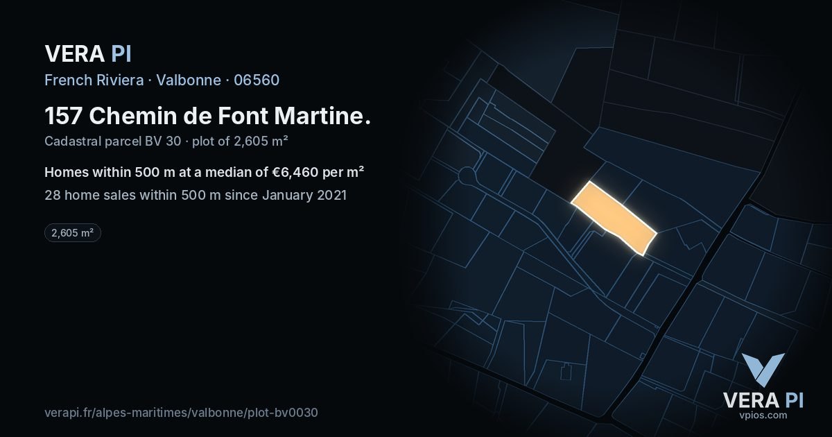 157 Chemin de Font Martine, Valbonne at night – the plot lit, the parcels around coloured by the prices near them