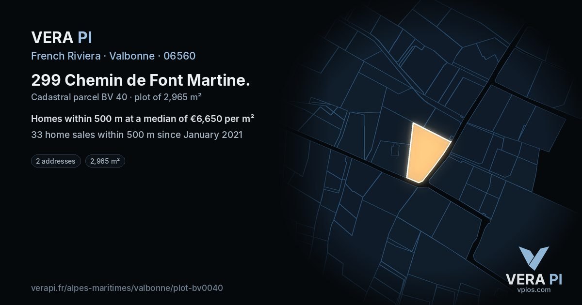 299 Chemin de Font Martine, Valbonne at night – the plot lit, the parcels around coloured by the prices near them