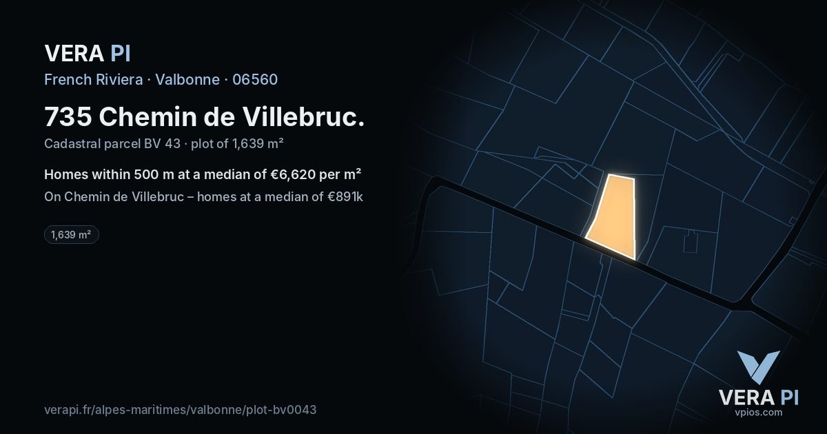 735 Chemin de Villebruc, Valbonne at night – the plot lit, the parcels around coloured by the prices near them